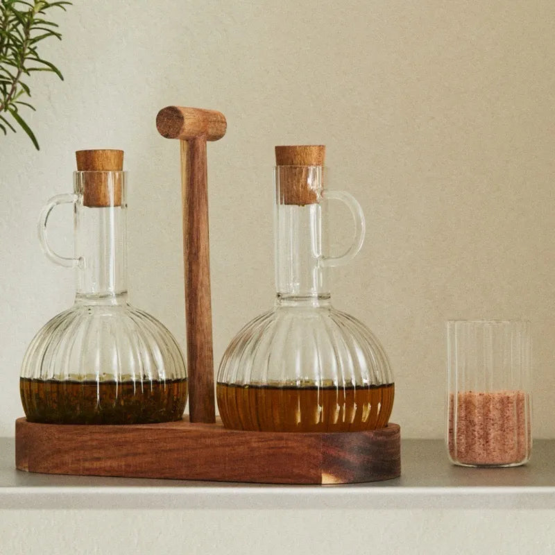 zara oil storage set of 2 with Acacia Wooden Holder
